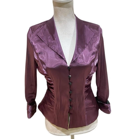 Xscape purple ruched shimmer blouse jacket 3/4 cuffed sleeves lined size 8 - Picture 1 of 11